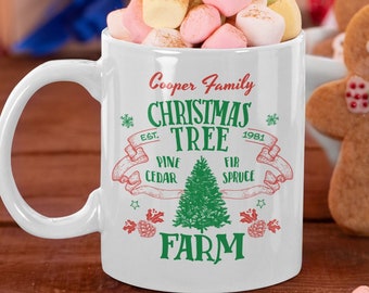 Family Christmas Tree Farm mug, Personalized enamel cup, Christmas Gift for Hot Chocolate Lover, Matching Holiday campfire mugs
