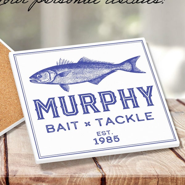 Bait and Tackle Coasters // Personalized Nautical decor //  Custom Bass Fishing Barware // Fisherman gift // Fathers Day present