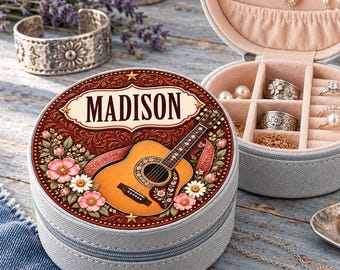 Cowgirl Personalized Travel Jewelry Case, Cute Guitar Jewel Box, Custom Name Trinket Box, Nashville Bachelorette Gift, Country western gal