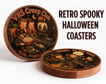 VHS Creep Club Coaster, Retro Halloween Movies Coasters, Vintage Spooky Wood Coaster Set, Cute Costume Bar Decor, Horror Movie Lover Gift