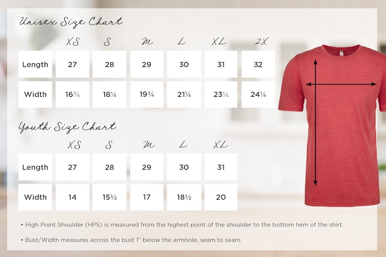 May include: Unisex and youth size chart for a t-shirt. The chart shows the length and width measurements in inches for each size, from XS to 2X. The chart also includes a diagram showing how the measurements are taken.