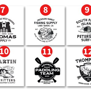 May include: A set of 6 black and white logo designs for outdoor businesses. The logos feature a bear, a fish, an armadillo, a dog, a paddle, and a deer. Each logo has a number and a name, such as "Thomas Supply Co.", "Peterson Surf Co.", and "Thompson Company."