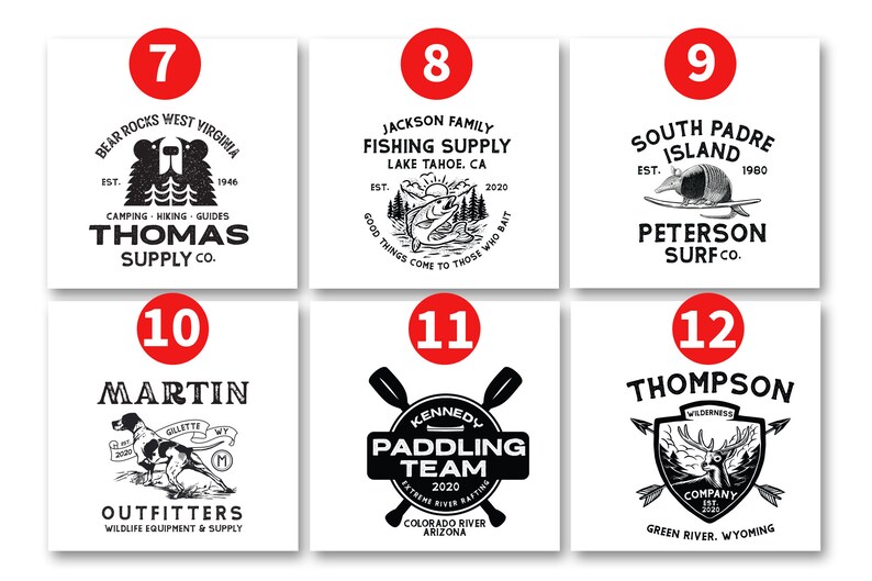 May include: A set of 6 black and white logo designs for outdoor businesses. The logos feature a bear, a fish, an armadillo, a dog, a paddle, and a deer. Each logo has a number and a name, such as "Thomas Supply Co.", "Peterson Surf Co.", and "Thompson Company."