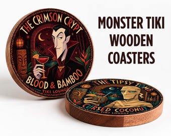 Mid Century Tiki Wood Coaster, Spooky Tiki Bar Decor, Retro Horror Set, Tropical Goth Drink Coasters,  Monster Lounge Barware, Dracula lover