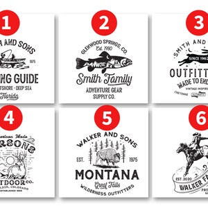 May include: Six black and white logo designs for outdoor businesses. The logos feature a fishing boat, a trout, a rabbit, a deer, a buffalo, and a cowboy riding a horse. The logos are set against a white background.