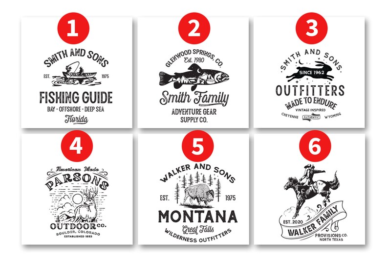 May include: Six black and white logo designs for outdoor businesses. The logos feature a fishing boat, a trout, a rabbit, a deer, a buffalo, and a cowboy riding a horse. The logos are set against a white background.