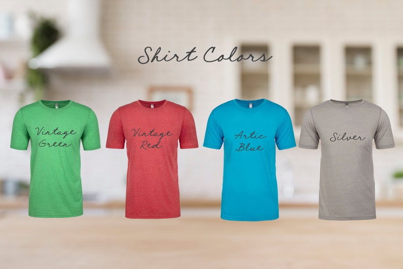 May include: Four t-shirts in different colors: vintage green, vintage red, arctic blue, and silver. The shirts are all crew neck and short-sleeved.