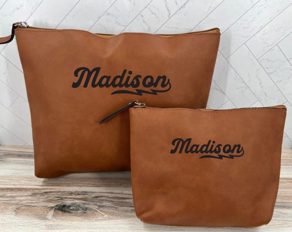Name with Lightening Bolt Tail Design, Cute Leather Makeup Bag Set, Laser Engraved Toiletry Bag, Gift for Traveler, Premium Leather Case
