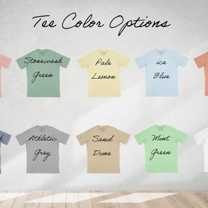 T-shirts available in pink, stonewashed green, pale lemon, ice blue, peach, stonewashed denim, athletic gray, sand dune, mint green, and white.