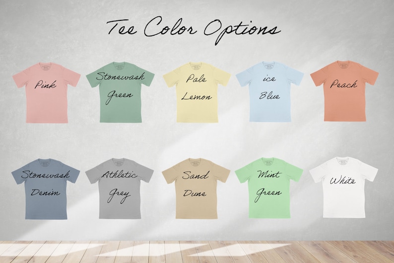 T-shirts available in pink, stonewashed green, pale lemon, ice blue, peach, stonewashed denim, athletic gray, sand dune, mint green, and white.