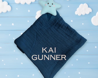 Embroidered Name Baby Lovey, Personalized Muslin Security Blanket, Custom Blue Star  Baby Stuffie, Newborn Baby Boy Gift, Sip and See Gift