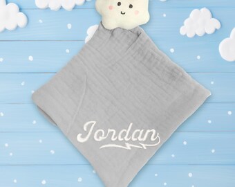 Embroidered Name Security Blanket, Personalized Cloud Baby Lovey, , Custom Gray Baby Stuffie, Unisex Baby Gift, Gender Revel Party Gift