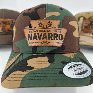 Custom Leather Patch Camouflage Cap, Deer Hunter Trucker Hat, Personalized Buck Antler Cap, Backwoods Outfitter Gift, Fathers Day Gift