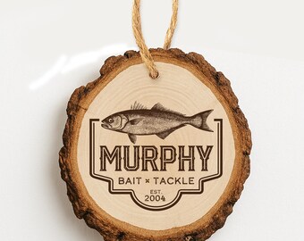 Mini Bait and Tackle Shop Ornament. Laser Engraved 2 in Wood slice decor, Personalized Fisherman Gift, Mini Gift Tag Set, Gift tag for dad
