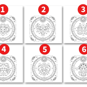 May include: Black and white line art illustrations of the 12 zodiac signs. Each sign is depicted within a circular frame with a sun, stars, and other astrological symbols. The signs are numbered 1 through 6.