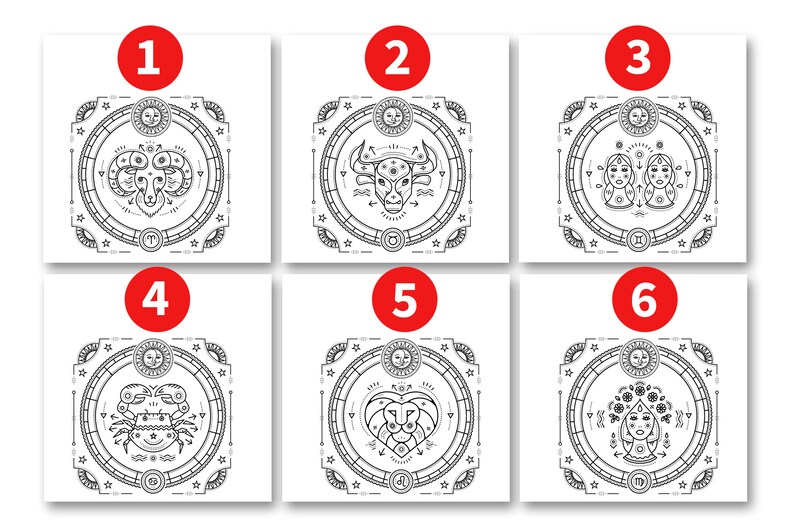 May include: Black and white line art illustrations of the 12 zodiac signs. Each sign is depicted within a circular frame with a sun, stars, and other astrological symbols. The signs are numbered 1 through 6.