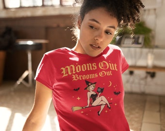 Moons Out Brooms Out t shirt , Wicked Witch  tee , Broomstick top ,  Haunted Halloween apparel , Supernatural Spell book, Fun gift for her