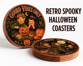 Gourd Vibes Only Coaster, Retro Halloween Coasters, Vintage Spooky Wood Coaster Set, Cute Pumpkin Carving Gift, Fun Home Bar Decor Gift