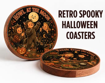 Howl at the Moon Coaster, Retro Halloween Werewolf Coasters, Vintage Spooky Wood Coaster Set, Cute Wolf Costume Gift, Fun Bar Decor Gift