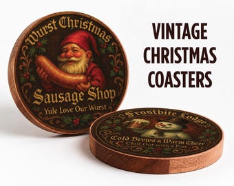 Vintage Christmas Coasters, Holiday Beer Coaster Set, Rustic Old World Christmas Tavern Barware, Unique Retro Holiday Gift, European Holiday