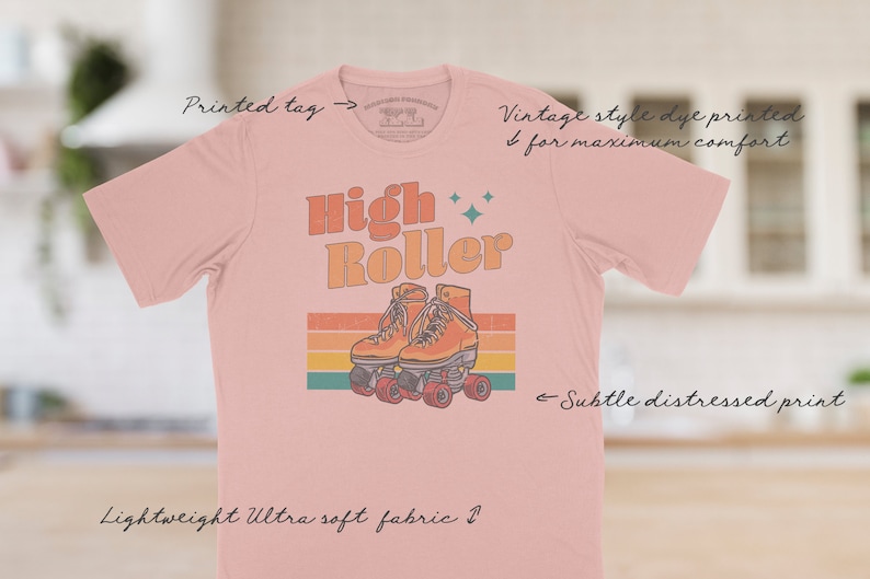 The High Roller tee has a vintage distressed design.  These shirts are so buttery soft and comfy that you will want to wear it year round.  The designs and tags are dye printed for  comfort.   The shirts are available in many sizes and colors.