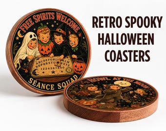 Free Spirits Welcome Coaster, Retro Halloween Coasters, Vintage Spooky Wood Coaster Set, Seance Party Gift, Home Bar Decor Gift, UV Printed