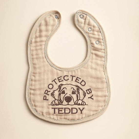 Protected By Your Dogs Name Bib, Embroidered New Baby Gift, Monogram Dog Mom Keepsake, Babys Best Furry Friend, Golden Retriever Mom Gift