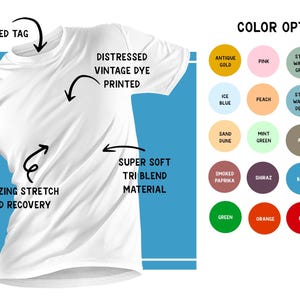 T-shirts available in antique gold, pink, stonewashed green, pale yellow, ice blue, peach, stonewashed denim, athletic gray, sand dune, mint green, ash, concrete, smoked paprika, shiraz, blue, purple, green, orange, red, and white.