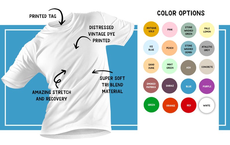 T-shirts available in antique gold, pink, stonewashed green, pale yellow, ice blue, peach, stonewashed denim, athletic gray, sand dune, mint green, ash, concrete, smoked paprika, shiraz, blue, purple, green, orange, red, and white.