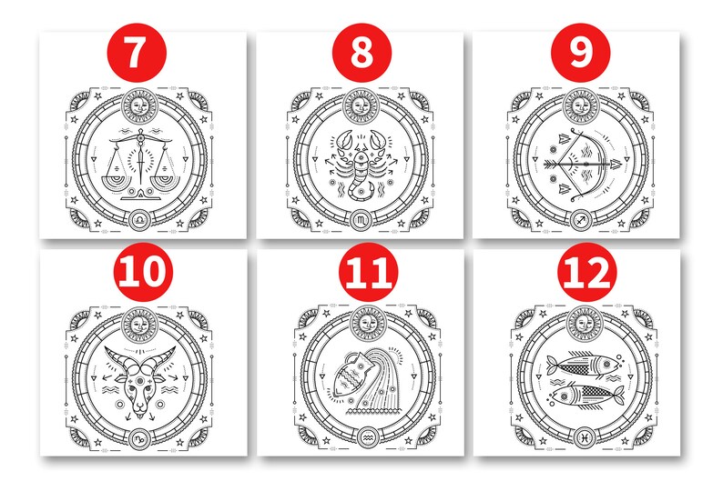 May include: A black and white illustration of the 12 zodiac signs in a circular design. Each sign is surrounded by a decorative border and a number from 7 to 12. The numbers are in red circles.