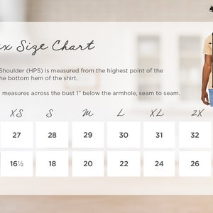 May include: Unisex size chart with measurements in inches for length and width. The chart includes sizes XS, S, M, L, XL, 2X, and 3X.