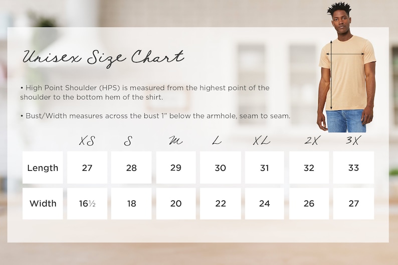 May include: Unisex size chart with measurements in inches for length and width. The chart includes sizes XS, S, M, L, XL, 2X, and 3X.