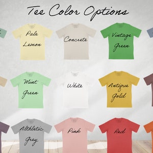 May include: A selection of 18 t-shirt colours, including Stonewash Green, Pale Lemon, Concrete, Vintage Green, Stonewash Denim, Sand Dune, Mint Green, White, Antique Gold, Smoked Paprika, Shiraz, Athletic Grey, Pink, Red, and Orange.