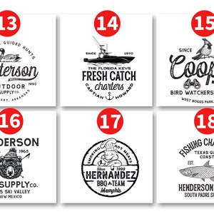 May include: A collage of eight different logos, each with a unique design and text. The logos feature a duck, a boat, a bird, a bear, a chef, a fish, and text that includes the words "Peterson", "Fresh Catch", "Cooper", "Anderson", "Hernandez", and "Henderson Family".