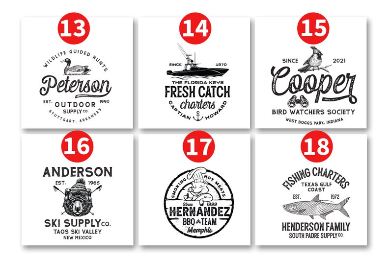 May include: A collage of eight different logos, each with a unique design and text. The logos feature a duck, a boat, a bird, a bear, a chef, a fish, and text that includes the words "Peterson", "Fresh Catch", "Cooper", "Anderson", "Hernandez", and "Henderson Family".