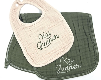 Embroidered New Baby Gift, Monogram Baby Keepsake, Cute Baby Bib & Burp Cloth, Personalized Newborn Essentials, Custom Baby Feeding Set