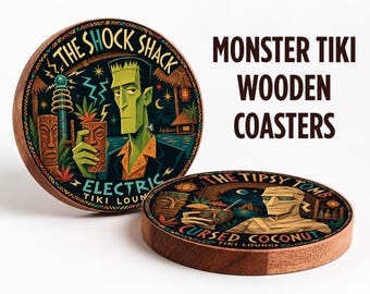 Spooky Tiki Bar Decor, Mid Century Tiki Wood Coaster, Retro Campy Horror Set, Beach Goth Drink Coasters, Frankenstein Monster Lounge Barware