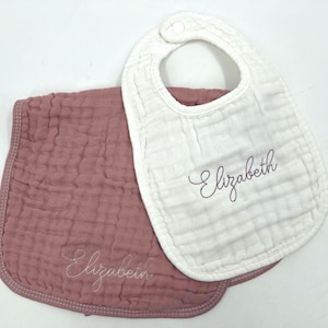 Embroidered Baby Bib & Burp Cloth, Personalized New Baby Gift, Custom Baby Shower Gift, Soft Muslin Bib with Snaps, Newborn Essentials set