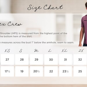 May include: Unisex crew neck t-shirt size chart with measurements in inches for length and width. Sizes include XS, S, M, L, XL, 2X, and 3X.