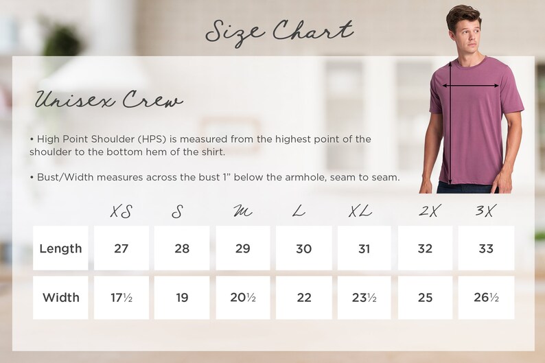 May include: Unisex crew neck t-shirt size chart with measurements in inches for length and width. Sizes include XS, S, M, L, XL, 2X, and 3X.