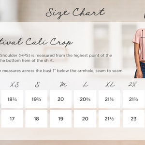 May include: Size chart for a Festival Cali Crop top, showing measurements in inches for length and width in sizes XS, S, M, L, XL, and 2X.