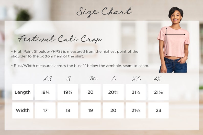 May include: Size chart for a Festival Cali Crop top, showing measurements in inches for length and width in sizes XS, S, M, L, XL, and 2X.