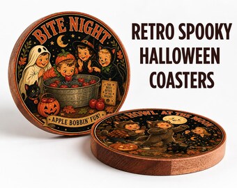 Retro Halloween Coasters, Vampire Bite Night Coaster, Vintage Spooky Bat Wood Coaster Set, Fall Autumn Party Gift, Home Bar Decor Gift
