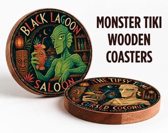 Swamp Creature Tiki Wood Coaster, Spooky Island Lounge Bar Decor, Retro Beach Shack Set, Tropical Goth Drink Coasters, Mid Century Barware