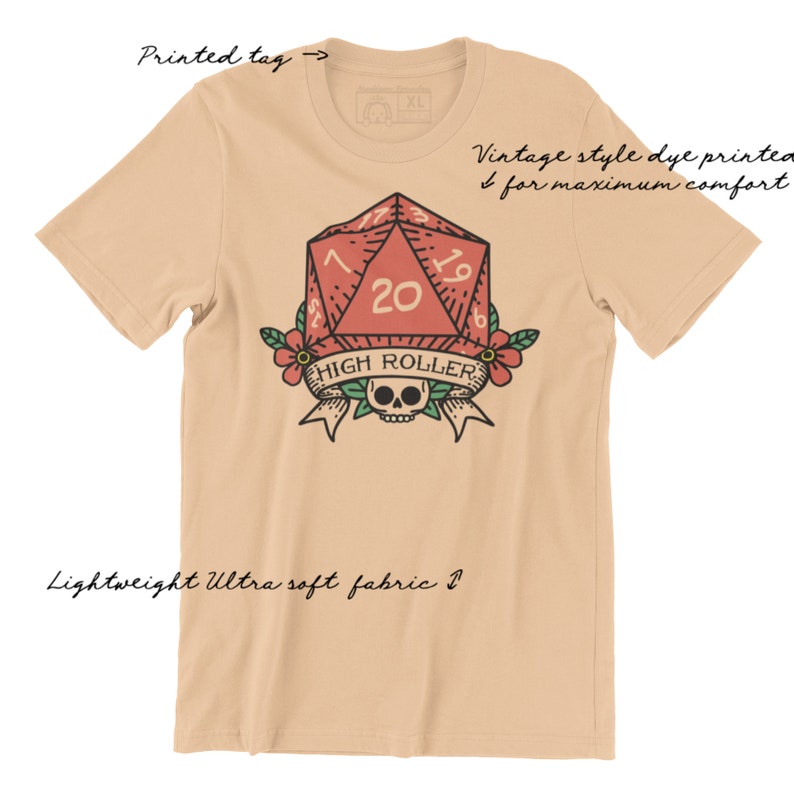 The High Roller tee has a vintage distressed design.  These shirts are so buttery soft and comfy that you will want to wear it year round.  The designs and tags are dye printed for  comfort.   The shirts are available in many sizes and colors.