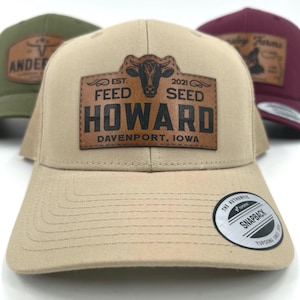 Farm Logo Trucker Cap, Cattle Farm Hat, Laser Engraved Leather Patch Cap, Longhorn Cattle Lovers Gift, Agriculture Apparel, Rancher Dad Gift