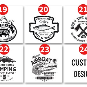 May include: A set of 6 black and white logo designs for t-shirts. The designs include a pig roast, a fishing logo, an axe throwing company logo, a camping logo, an airboat logo, and a custom design.