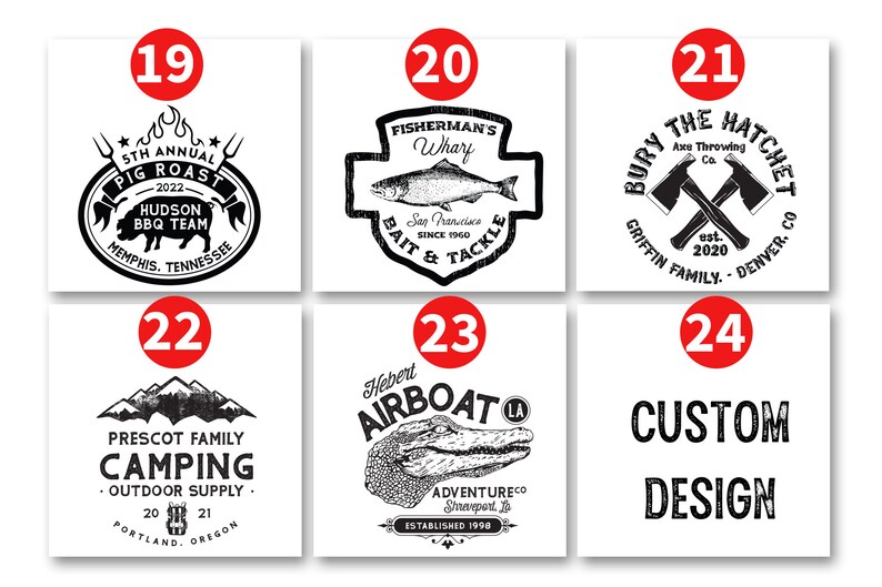 May include: A set of 6 black and white logo designs for t-shirts. The designs include a pig roast, a fishing logo, an axe throwing company logo, a camping logo, an airboat logo, and a custom design.