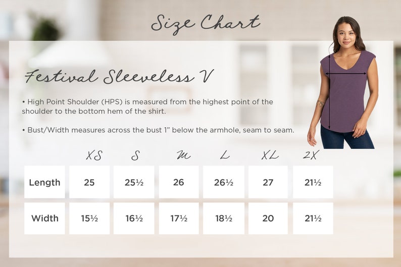 May include: Size chart for a sleeveless V-neck top in sizes XS to 2X. The chart shows measurements for length and width in inches.