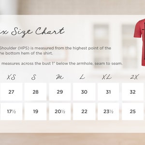 Op de afbeelding: Unisex maattabel voor een t-shirt met metingen in inches voor lengte en breedte. De tabel bevat de maten XS, S, M, L, XL, 2X en 3X.